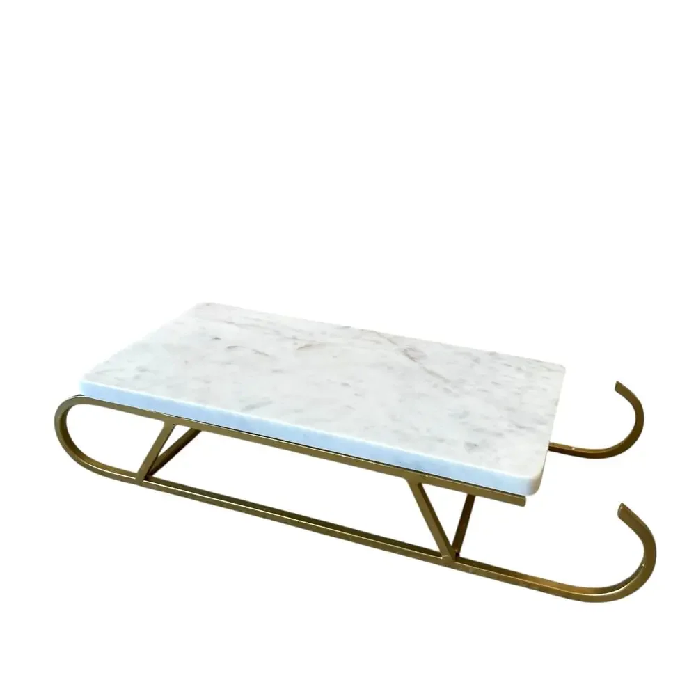 Marble Sledge Holiday Serving Tray 18x8 White & Gold Metal Handmade in India